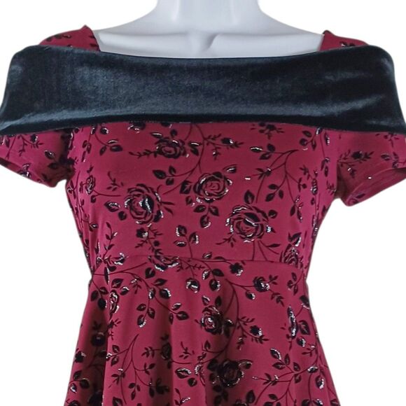 Knit Works Girls Sz 10 Burgundy Floral Fit & Flare Dress Velvet Yoke Tulle Lined - Picture 4 of 9